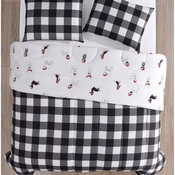 Queen Comforter 3PC Reversible Set Black Plaid One Side Christmas Dogs Other New - Picture 5 of 6